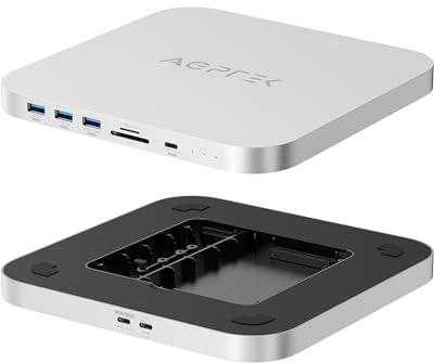 AGPTEK Typ-C-Hub mit M.2 NVMe, Festplattengehäuse, USB-C-Dockingstation und Ständer für Mac Mini M1 M2 mit NGFF SATA SSD/HDD-Steckplatz, TF/SD-Kartenleser/USB für neuen MM M1 M2 Laptop, Silber
