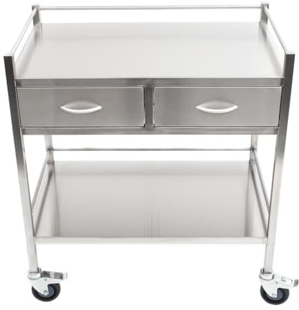 Edelstahl Rollwagen 800 mm mit Reling und zwei Schubladen - 2 Ablagen - 800 x 490 x 900 mm - Traglast 80 kg - Laborwagen, Abräumwagen, Servierwagen, Aufbewahrungswagen
