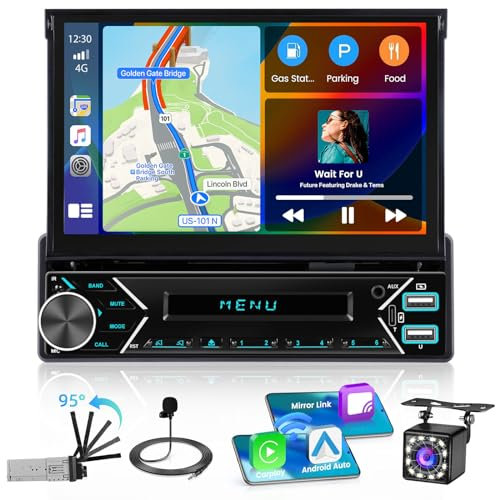 Inefala Radio Coche Bluetooth 1 DIN con Carplay Inalambrico y Android Auto, Autoradio con Pantalla Táctil Retráctil Automática de 7 Pulgadas, FM Radio, 2USB/Type-C, Mic, Cámara de Visión Trasera
