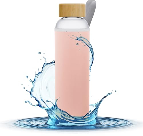 Aquafloow Wasserflasche aus Borosilikat Glas 700 ml mit Neoprenhülle, Transparente trinkflasche Glas mit Bambusdeckel | Ideal für Büro, Outdoor, Schule, für Kohlensäurehaltige Getränke – Rosa