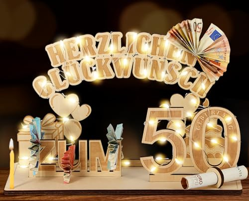 Giftota Original 50. Geburtstag Geldgeschenke Holz mit LED Lichterkette, Geschenke zum 50 Geburtstag Mann Frau, 50. Geburtstagsgeschenk Dekoration