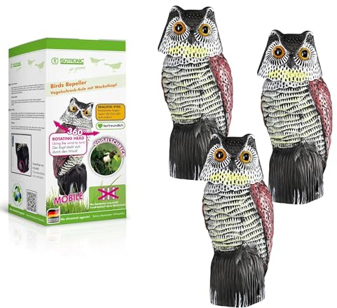 ISOTRONIC Eulen Attrappe zur Vogelabwehr – Realistischer Vogelschreck mit Wackelkopf – Taubenabwehr für Garten, Balkon & Obstbau – Taubenschreck Vogelscheuche (3 Stück)