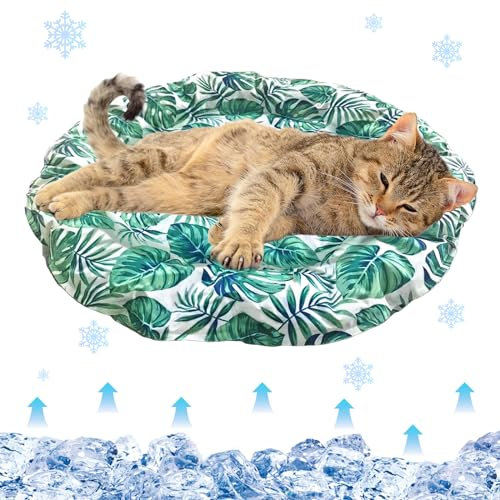 Oneshlee Kühlmatte Für Katzen Hund Rund 68cm, Kühldecke Gel Für Hunde Katzen, Hundekühlmatte Selbstkühlend Bett Für Haustiere Wasserdicht Waschbar, Kühlende Matte Haustiermatte (Blatt)