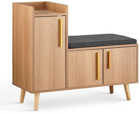 TUKAILAi Shoe Storage Bench with Padde Seat, Wooden Shoe Bench with 2 Doors Cabinet Adjustable Shelf Cushioned Stool Storage Bench for Entryway Hallway