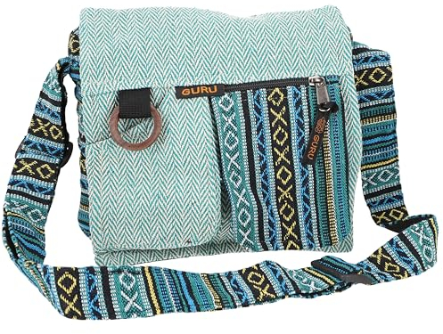 GURU SHOP Boho Schultertasche, Hippie Tasche, Vintage Umhängetasche - Petrol, Unisex - Erwachsene, Baumwolle, 25x25x7 cm