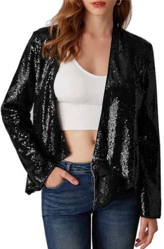 GRACE KARIN Damen Elegante Pailletten Jacke Leichte 1950er Retro Jacke Glitzer Vorne Offene Strickjacke Festliche Outfits Party Abend Schwarz XXL