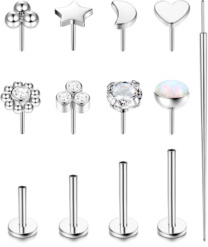 Chriscoco Titan Piercing Set - Silber Labret, Nasen-, Lippen- und Ohrstecker mit CZ Opal Herz - 6/8/10/12MM