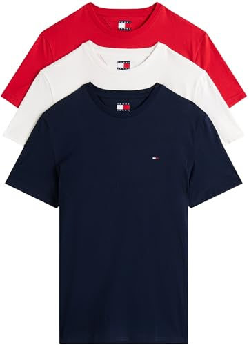 Tommy Jeans Herren 3er Pack T-Shirts Kurzarm aus Baumwolle, Mehrfarbig (Ecru/Dark Night Navy/Sphre Red), L
