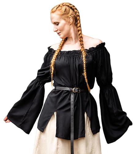 Leonardo Carbone® Damen Bluse Emma | Schulterfrei | Voluminöse Ärmel | Karneval, Halloween, Cosplay, LARP, Mittelalter, Tunika, Kostüm, Fest, Event | 100% Viskose Schwarz L, XL