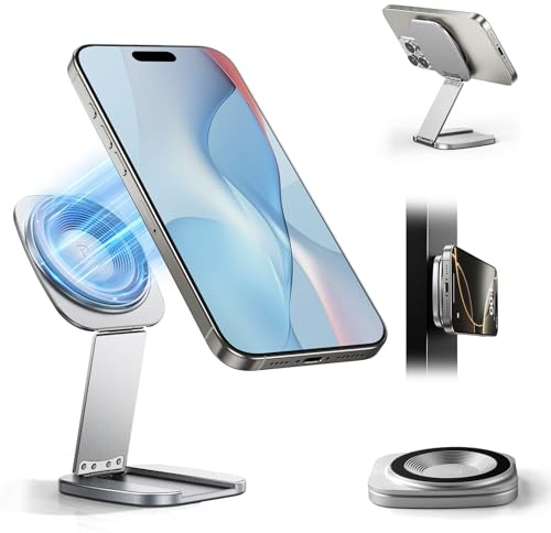 nediea Magnetic Phone Stand For Desk, Silver | Adjustable, For Magsafe, Portable Travel Mount, Aluminum with Metal Ring, Compatible with iPhone 16/15/14/13/12/Smartphones