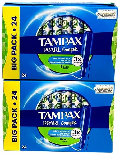 Tampons Pearl Compak Super mit glattem Kunststoff-Applikator, 48 Stück (2 Packungen mit je 24 Stück), Auslaufschutz, parfümfrei