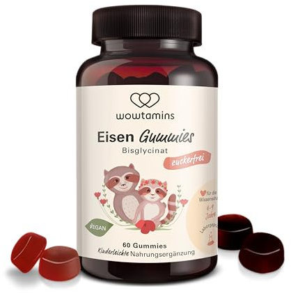 wowtamins Eisen Bisglycinat mit Vitamin C (60 Stück) - Zuckerfreie & Vegane Eisen Gummies - Hochdosiertes Eisenpräparat als Nahrungsergänzungsmittel für Kinder und Frauen bei Eisenunterversorgung