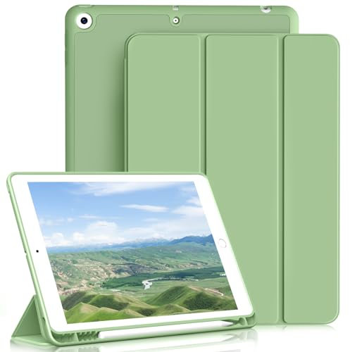 ZKTUYU Hülle für iPad 9./8./7. Generation mit Stifthalter ipad 9 Generation hülle 10.2 Zoll Modell 2021/2020 / 2019, für iPad 10.2 Zoll, Ultradünne Schutzhülle aus TPU mit Standfunktion, Matcha Grün