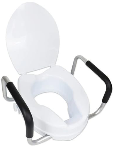 White Disabled Raised Toilet Seat with Handles for Elderly – 4” Elevated Toilet Riser with Lid, for Disabled & Adults – Removable Support Handles for Handicap, Hip Replacement & Post Surgery Recovery