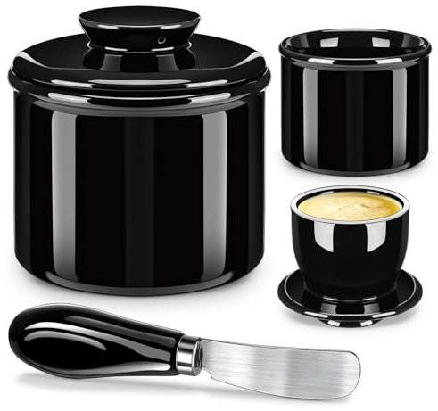 Mexgcom Französische Butterdose, Keramik Butterdose mit Deckel und Buttermesser, keramische butterglocke für streichfähige Butter, Butterbehälter mit Wassergekühlt, Vintage-Design (Schwarz)