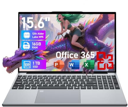 Ordenador portátil 15,6, PC Portatil con 16G RAM+1TB SSD,Office 365 Portátiles Con 12th Gen-N95 Processor, Pantalla FHD 1080P, Win11 Pro, Touch ID con Teclado Retroiluminado, USB 3.0 * 2, Wi-Fi 5