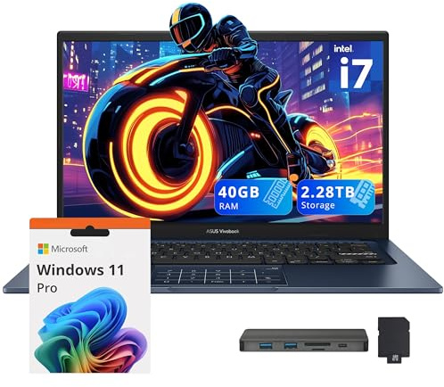 ASUS Vivobook - Computer portatile aziendale FHD da 14, Intel i7-1355U, 40 GB di RAM, 2,28 TB di spazio di archiviazione (SSD da 2 TB + set docking station da 288 GB), scheda grafica Intel UHD