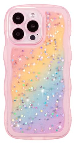 ZTOFERA Sparkly Glitter Case for iPhone 13 Pro (6.1), Rainbow Pink | Curly Wave Frame Shape, Bling Sparkle Star, Clear Soft TPU Back Cover, Lightweight, Shockproof Protective Bumper Cover