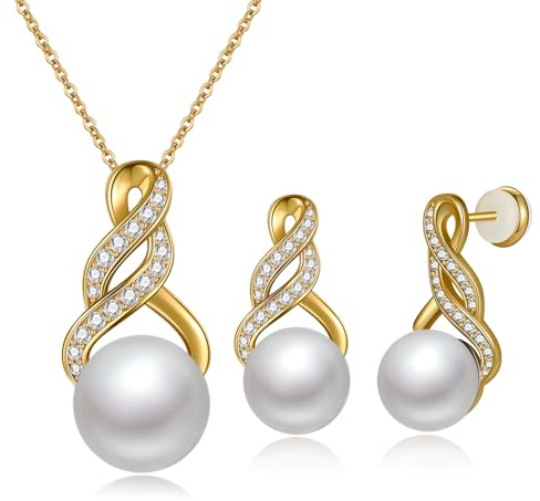 BONLAVIE Perlen Halskette und Ohrringe Set für Damen Rhodium-/Goldplatiert 925 Sterlingsilber Perlen Schmuckset Jubiläum Geburtstagsgeschenk für Sie Verpackt in einer Eternal Rose Box