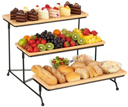 Cozary Etagere 3 Etagen, Etagere 3 Etagen Holz 28.9x12.5x1.2cm, Tablett Groß mit X-Gestell Metallregal, Kuchenplatte Rechteckig, Servierplatte für Gemüse Obst Kekse Desse