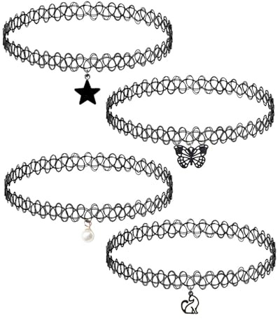 JUKOTA 4 Stück Stretch halsbänder Schwarz Choker Halskette mit Anhänger Damen Elastische Tattoo Halskette für Mädchen Frauen Teen Geschenk Geburtstagsgeschenk