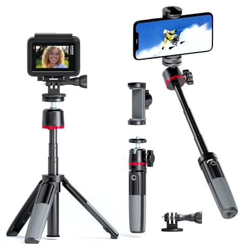KINGJOY Mini Tripod for Camera, Portable Vlog Travel Selfie Stick Compatible with DJI OSMO Pocket 3/Insta 360 x 5/OSMO 360/Xtra/Sony/Canon/Nikon, Extendable Mini Desk Selfie Stick Tripod