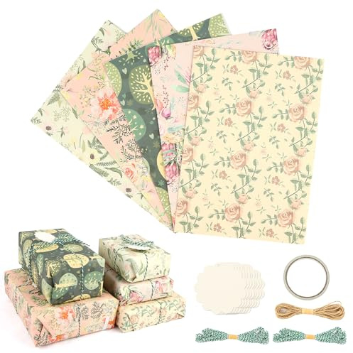 10 Blätter Geschenkpapier Geburtstag,Vintage Blumen Geschenkpapier Mädchen | 70x50cm Wrapping Paper,Geschenk Verpackungspapier, mit Etikett Juteschnur, für Frauen, Hochzeit, Muttertag, Geburtstag, Taufe