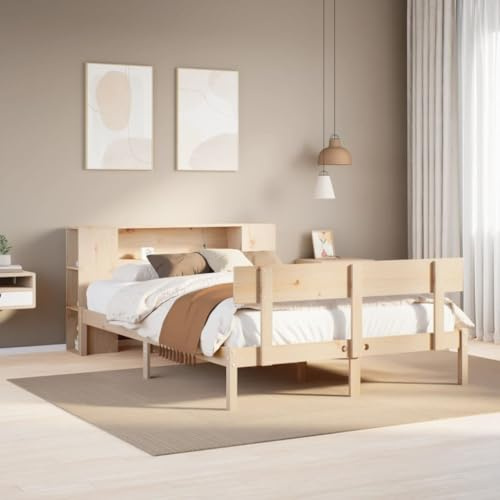 Tonture Kiefernholz Massivholzbett mit Regal Kopfteil, 140x200 cm, Robustes Bettgestell, Lattenrost, Stauraum für Bücher, modernes Schlafzimmer Möbel