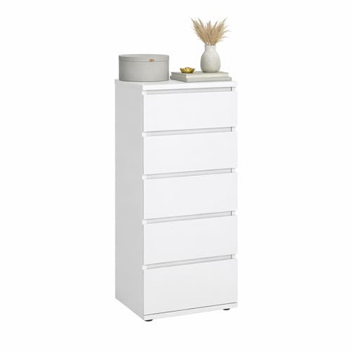 Cómoda, Cajonera Dormitorio Júcar White con 5 cajones,Color Blanco, 41 x 40 x 107 cm