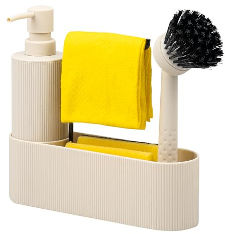 eluno Spülbecken Organizer mit Soft-Touch Oberfläche im Riffeldesign für Küche & Bad, inkl. Seifenspender, Spülbürste mit Bürstenkopf und Spültuchhalter, mit Ersatzbürstenkopf und Pumpe (Beige)