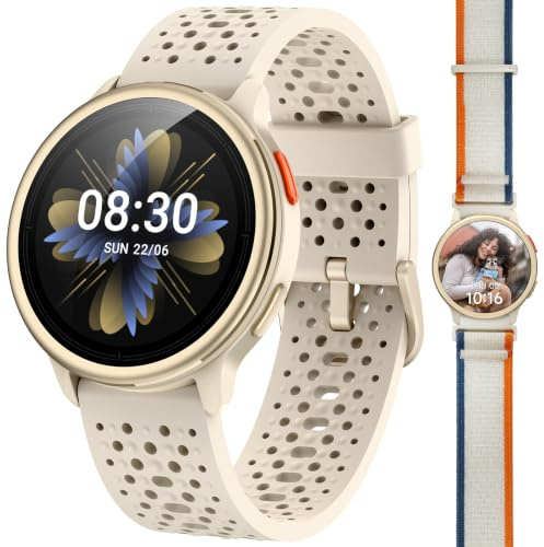Quican Smart Watches for Women Men, 1.27 Round, Answer/Make Call, Beige | Fitness Watch, Heart Rate/Sleep/SpO2 Monitor, 120+ Sports, 1ATM Waterproof, Android iOS Compatible, 2 Straps, Smartwatch Gift