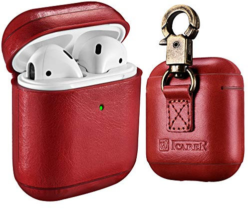 AirPods Ledertasche Hülle, Icarer Echt Leder Vintage Tasche Stoßfeste Schutzhülle Slim Lightweight Echtleder Case Schlüsselbund für Apple AirPods 1&2 (LED an der Frontseite Sichtbar) (Rot)