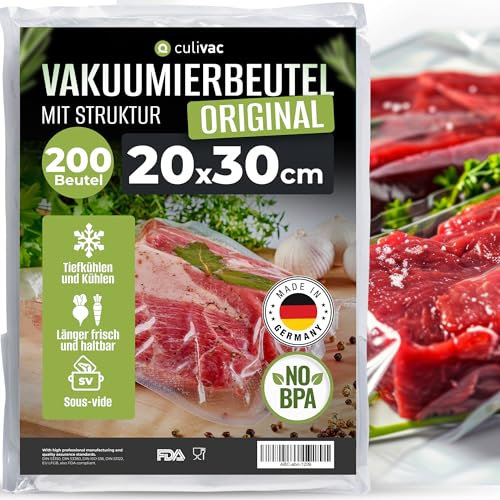 culivac Vakuumierbeutel 200 Vakuumbeutel 20x30cm Premium, Folienbeutel für jedes Folienschweißgerät Vakuumiergerät Vakuumierer, Vakuumierfolie Original sous vide, Made in Germany, BPA-frei