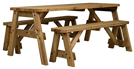 Arbor Garden Solutions 4 Seat Wooden picnic table and benches set, Victoria compact rounded patio furniture (5ft, Rustic Brown)