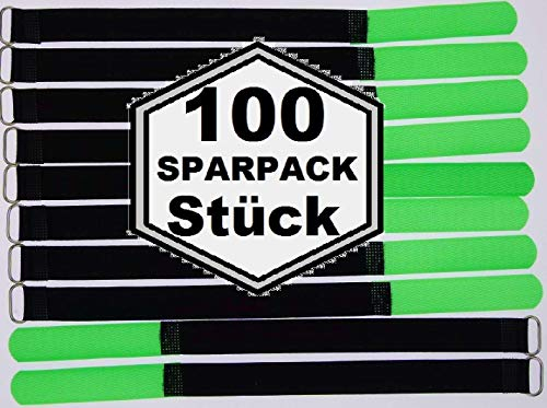 100x 30 cm x 20 mm wiederverschließbare Klett-Kabelbinder NEON GRÜN mit Metall-Öse - Kabel-Klettband 300 mm wiederverwendbar