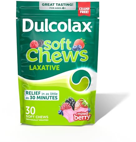 Dulcolax Saline Laxative Soft Chews, Fast-Acting Laxative, Gentle Constipation Relief, Mixed Berry Flavor, Magnesium Hydroxide 1200 mg, 30 Count, Occasional Constipation.