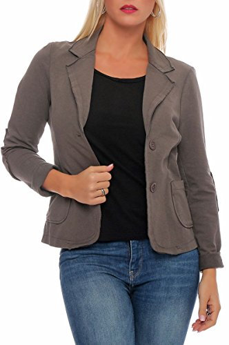 Malito – Damen Blazer im Used-Look mit Ellenbogen-Patches – Jackett mit 2 Knöpfen & Taschen – Jersey Sakko unifarben – sportliche Kurzjacke 1651 (Fango | Größe XXL)