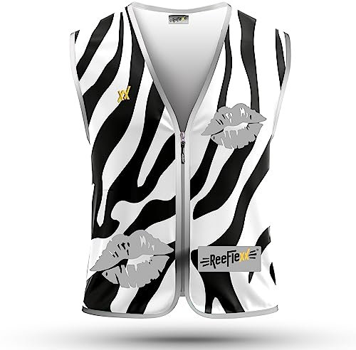 REEFLEXX Warnweste Damen Sicherheitsweste, erhöhte Sichtbarkeit im Straßenverkehr, Joggen, Fahrrad oder Auto, Wild Zebra Kiss, Größe L