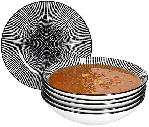 MamboCat Taipei 6x Suppen-Teller I Steingut-Geschirr für 6 Personen - elegant-zeitloses Design I 6-er tiefe Teller-Set - mit modernem Black & White Linien-Muster I Teller tief schwarz-weiß 6 Stück