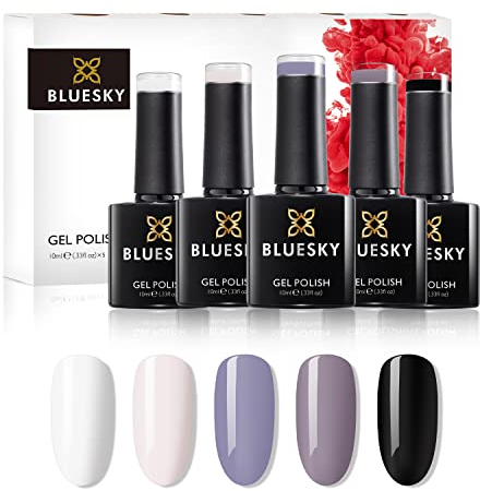 BLUESKY Gelnagellack Set | 5/6 UV Lacke zum Preis von 4/5 | Gel-Nagellack für glänzende und schöne Nägel | langer Halt von bis zu 3 Wochen (BLUESKY Black White 5er Set)