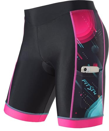 FitsT4 Sports Kids Cycling Bike Shorts Boys Girls Printed Biking Shorts Padded Youth Triathlon Shorts with Pockets Pink Size L