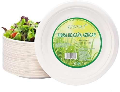 EXNIMA,Platos Desechables Biodegradables, Hechos de Fibra de Caña de Azúcar, Natural, 100% Biodegradable, Redondo, Planos, para Comidas, Barbacoa, Fiestas, Cumpleaños.