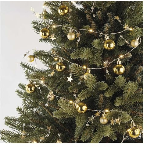 EMOS goldene Lichtergirlande mit 20 LEDs, dekorative LED-Girlande mit Kugeln und Sternen 190cm, 6/18 h Timer-Funktion, Batteriebetrieben (2x AA), Leuchtdauer 10.000 h, IP20 für Innenbereich