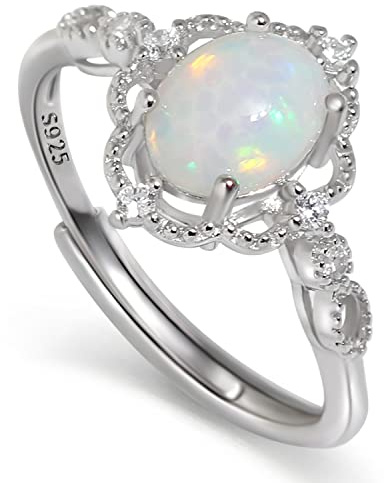 Meissa Opal Ringe für Frauen Sterling Silber zierlicher Opal Ring Oktober Geburtsstein Statement-Ring Versprechen Ring Größe verstellbar (01_Silber)