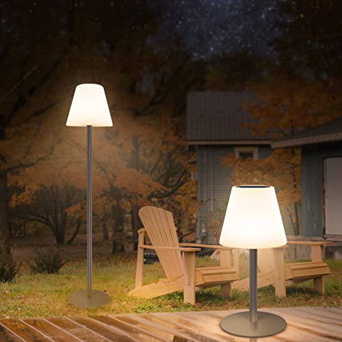 Solar Stehlampe Außen, LED Outdoor Stehleuchte mit Lichtsensor, 4 Helligkeitsstufen & 8 Farben Dimmbar mit Fernbedienung, USB Aufladbar Leselampe, IP44 Wasserdicht für Innen/Outdoor Garten (Hellgrau)