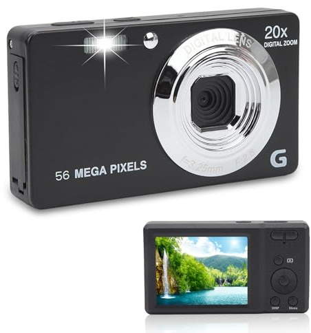 Digitalkamera Fotokamera, FHD 1080P Maximum 56MP Vlogging Kamera Digital mit 2.7 LCD Wiederaufladbare 20X Digitalzoom Tragbare Digitalkamera für Teenager, Kinder, Anfänge(Schwarz)