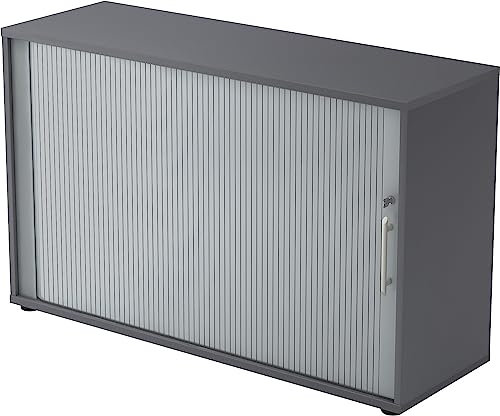 bümö Aktenschrank abschließbar mit Rollladen, Rollladenschrank für Ordner & Co. - Büroschrank mit Rollo, abschließbarer Ordnerschrank aus Holz in Graphit/Silber mit Relinggriff