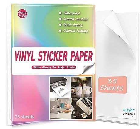 Sticker papier zum bedrucken A4 Glänzend Weiß-35 Blätter,Wasserfester Vinylaufkleber für Inkjetdrucker und Laserdrucker Inkjet Etiketten Papier Selbstklebend