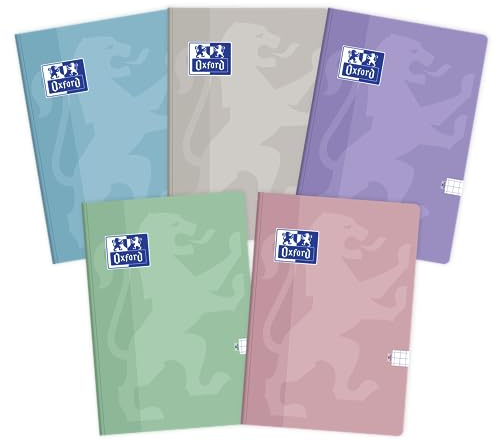 Oxford Schulheft A5 Kladde 60 karierte Blätter mit Seitenrand, Optik Paper 90 g, weicher laminierter Umschlag, Notizblock Set für Büro & Schule, 5 Stück-Packung, Farbenmix