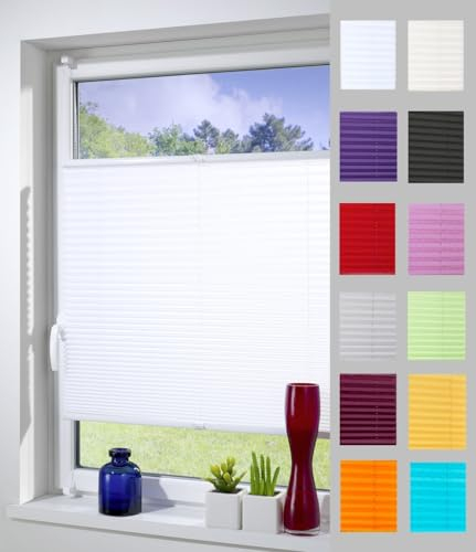 DécoProfi Plissee ohne Bohren Weiß 95cm x 220cm (max. Gesamthöhe Fensterflügel) I Verspannte Plissees nach Maß mit Klemmträger/Klemmfix I Blickdichte Innenrahmen-Plissees zum Klemmen